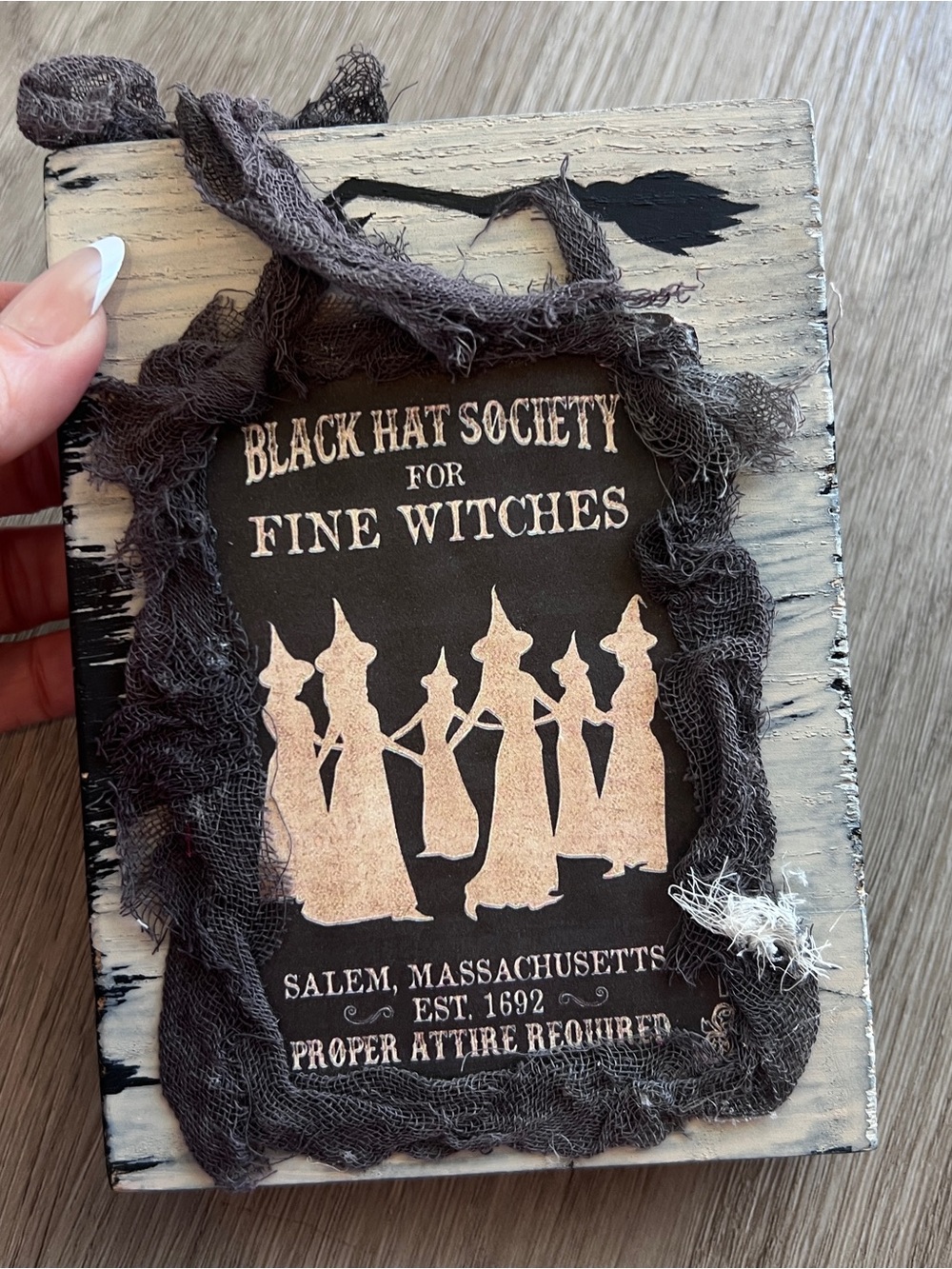 Black Hat Society Salem MA Halloween Witch Decor Distressed Wood Gothic